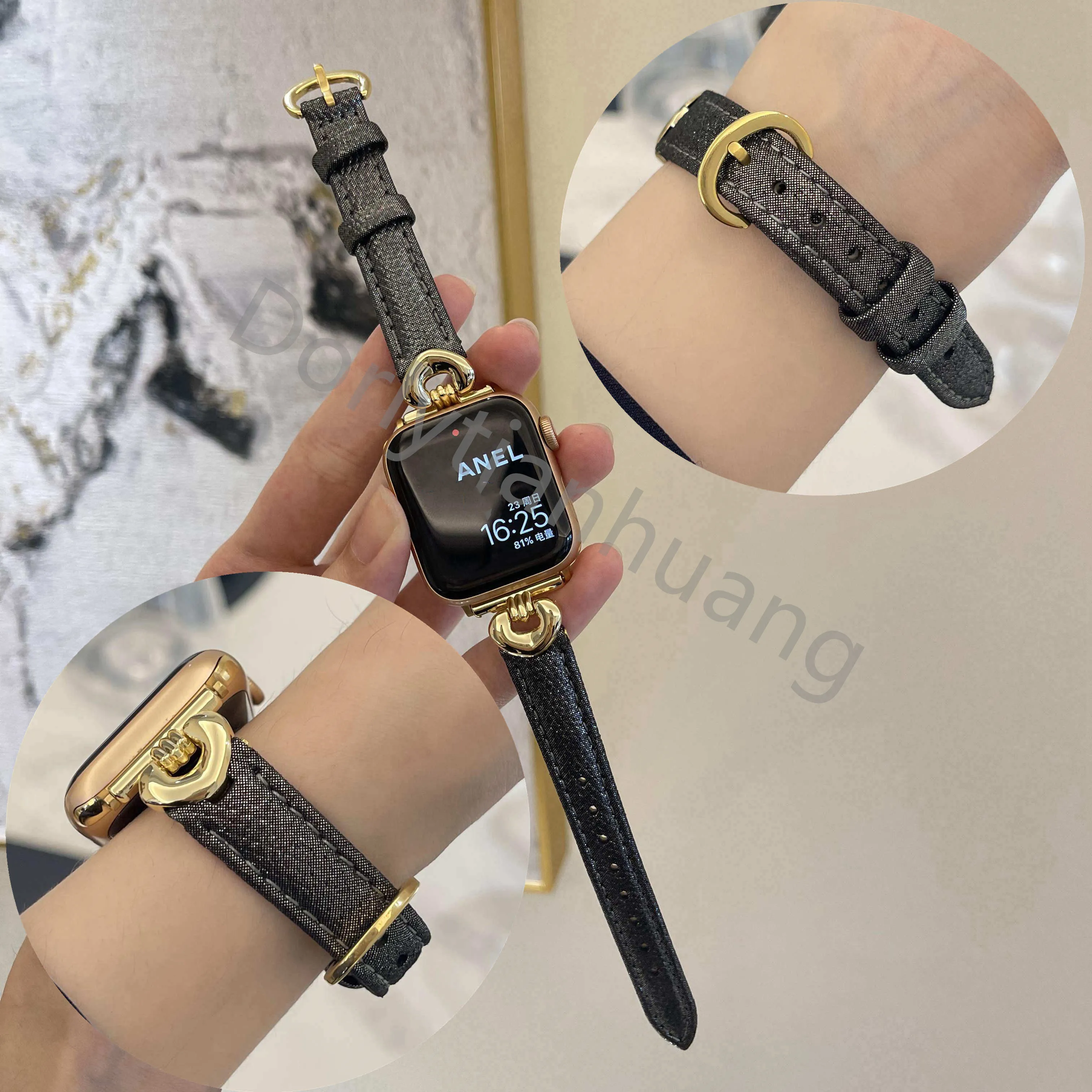 Leichtes echtes Leder Slim Strap für Apple Watch Band 38mm 41mm 42mm 40mm 44mm 45 Iwatch 3 4 5 7 8 49mm Bänder Gold Schnalle Luxus für Mädchen Damen Frauen