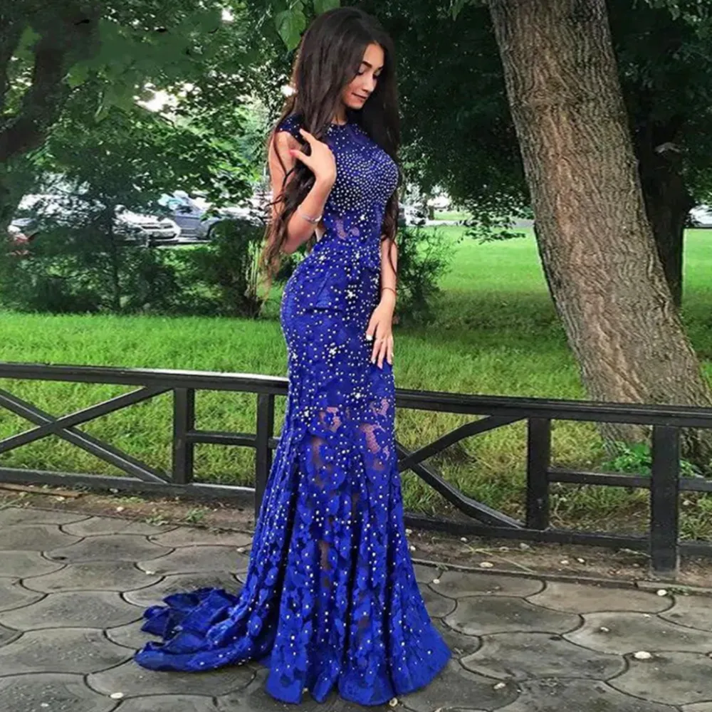Royal Blue Mermaid Vestidos De Noche Jewel Floor Length Sweep