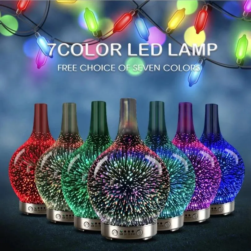 Appliances 3D Fireworks Glass Vase Humidifier with 7 Color Led Night Light Aroma Essential Oil Diffuser Cool Mist Maker for Home Office