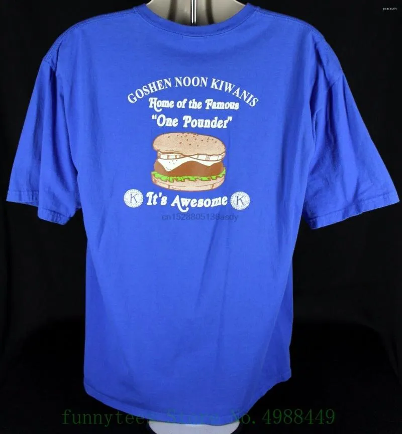 メンズTシャツCheeseburger Kiwanis International Goshen Indiana Blue XLシャツサンドイッチ男性バッテリー面白いコットントップ