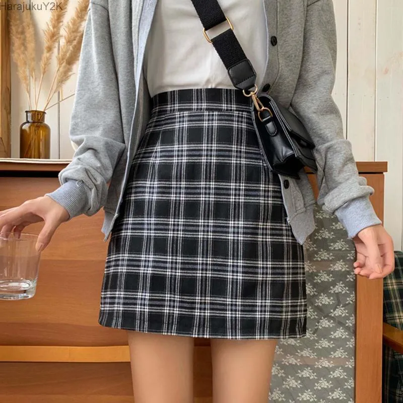 Юбки Женщины ретро-пледа летняя мини-юбка A-Line Ulzzang High Student