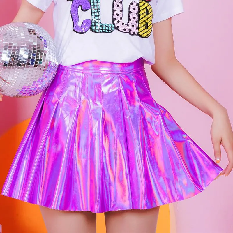 Skirts Purple Metallic Pleated Mini Skirt Women Summer Punk Laser