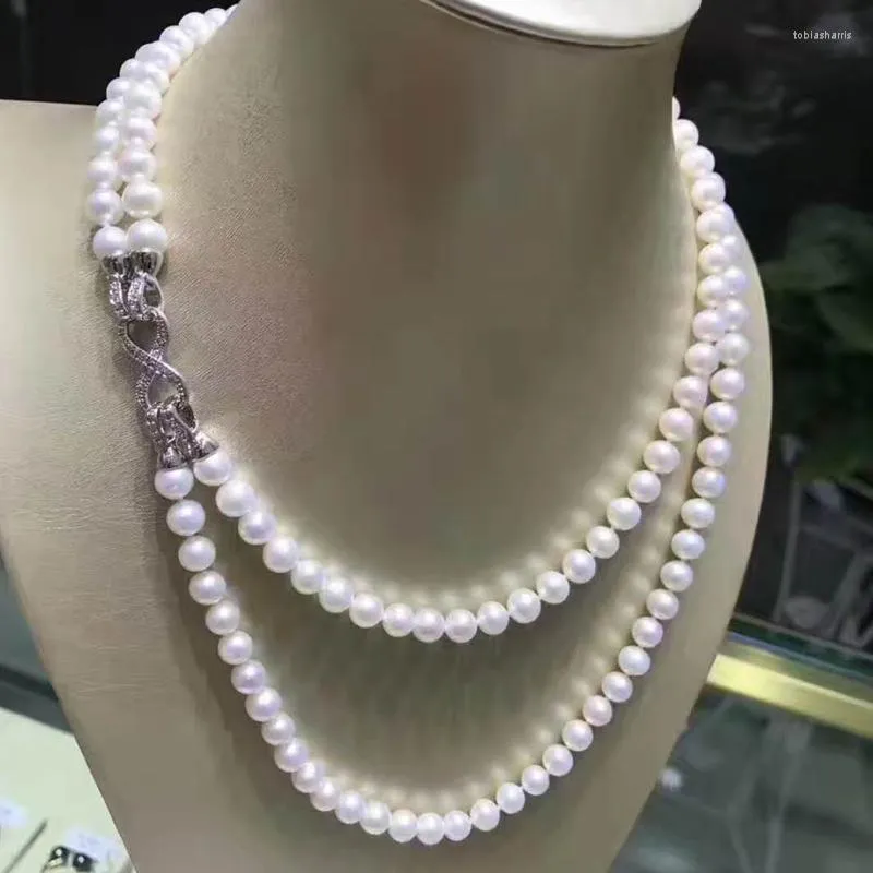 Cadenas Collar de perlas finas de doble hebra Qulaity 8-9mm Collares de agua dulce blancos naturales para mujeres 18 "Gidt de Navidad