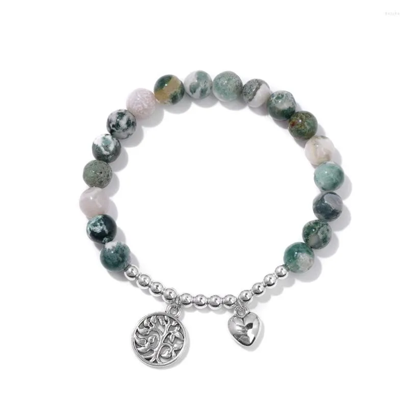 Strand Tree Of Life Bracciale Agate verdi Braccialetti con perline color argento per donna Uomo Braccialetti con ciondoli a cuore Gioielli per meditazione yoga