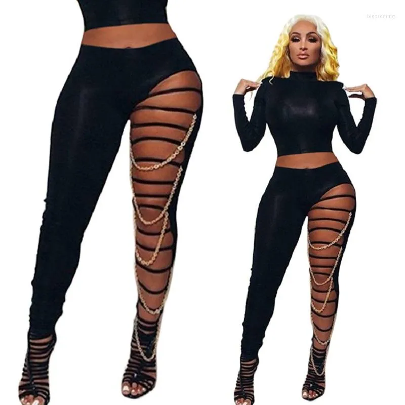 Womens Chain Skinny Leggings Cutout Holes Pants Ripped Hollow Long Pants  High Waist Stretch Pencil Trousers - Walmart.com