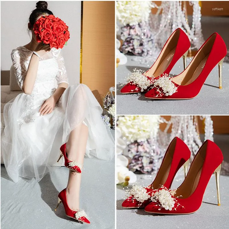 Dress Shoes 2023 Crystal Women Pumps Pointed Toe dunne hakken witte vlek ondiepe anti-skid bruiloft bruid hoge size35 45