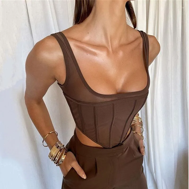 Women's Tanks Sexy Black Corset Top Double Mesh See Through Sleeveless Bare Back Skinny Strap Tube Cropped Fashion Clothe Women Corsets