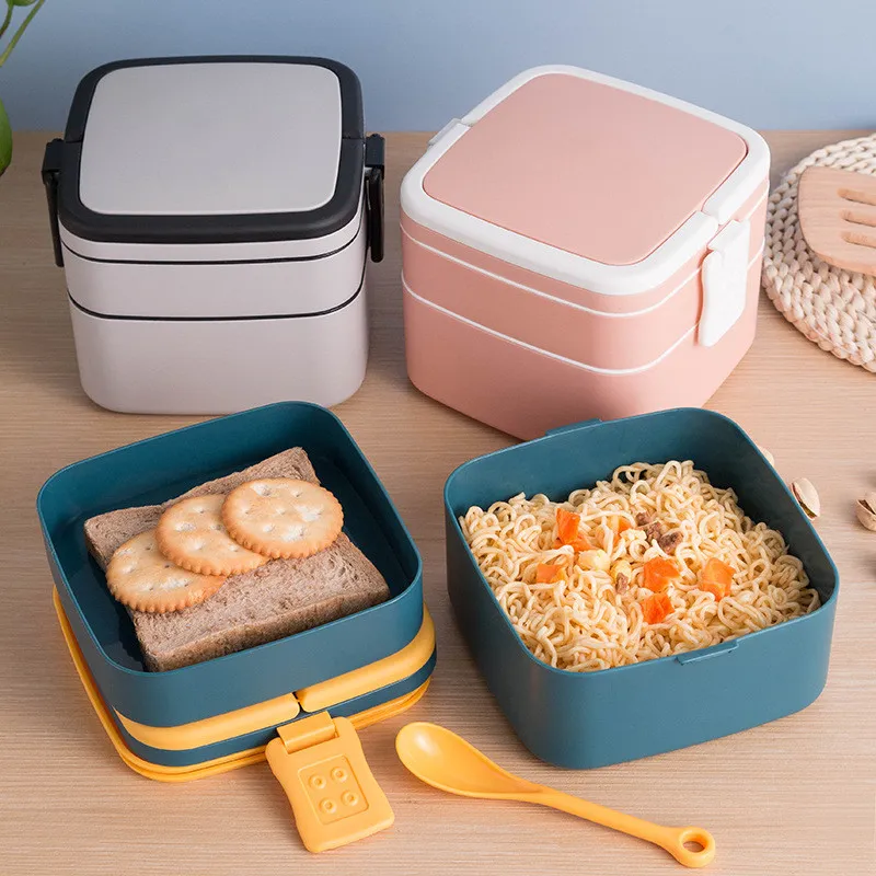 Bärbar hermetisk lunchlåda 2 lager Grid Barn Student Bento Box med skedläcktät mikrovågbar förebyggande luktskola