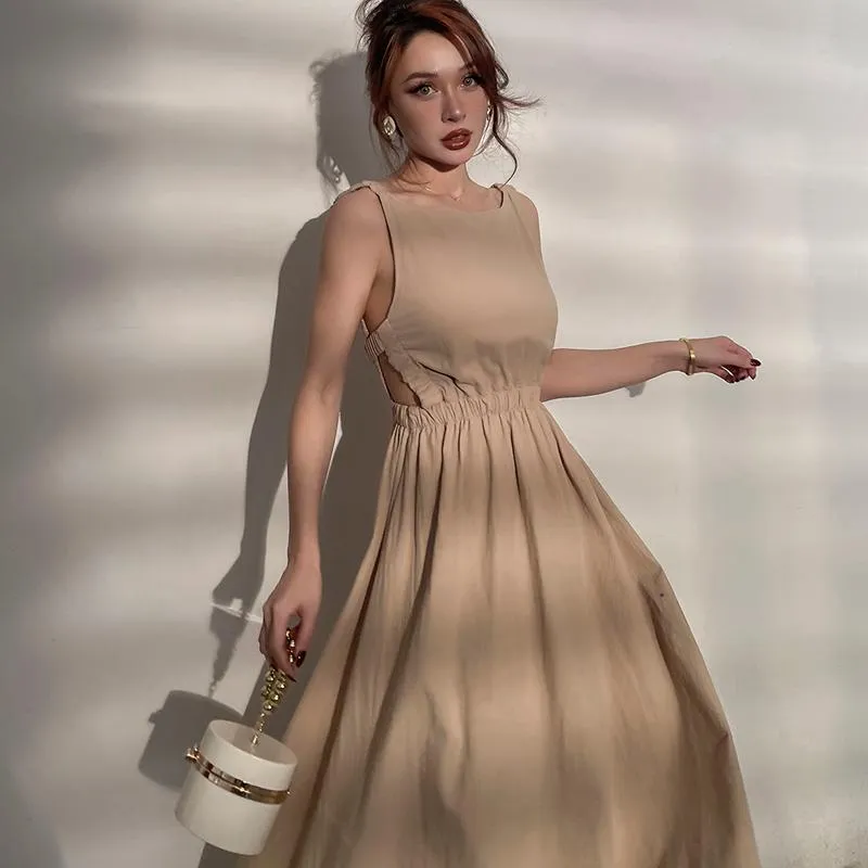 Casual Dresses Elegant Boatneck Sleeveless Vintage Fit And Flare Dress Summer Backless Party Swing For Women Sundress