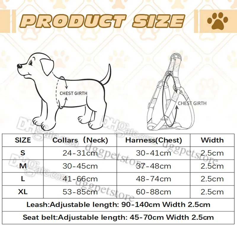 Designer Dog Harness Leash Set Classic Letter Pattern Puppy Collar Escape Proof Adjustable No Pull Harnesses for Small Medium Large Breed Dogs Outdoor Walking L B184