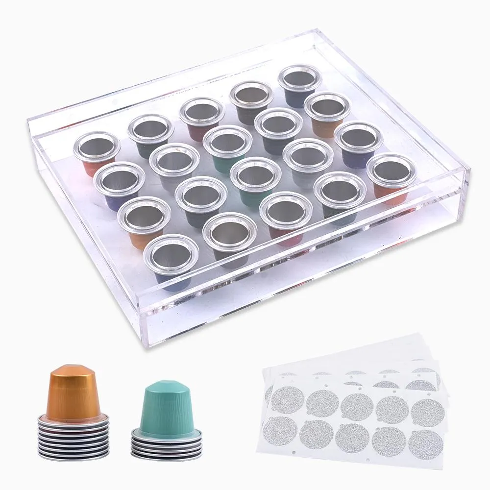 Tools 3PCS Nespresso Coffee Capsules 20Hole Acrylic Filling Powder Board Sets Includes 100 Empty Pod with Selfadhesive Lids
