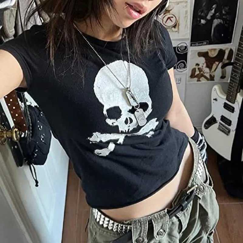 T-Shirt Vintage Grunge Grafikdruck Kurzarm TShirt Y2k Slim Crop Top Gothic Skull Punk Streetwear Damen T-Shirt Sommer Casual 90er Jahre