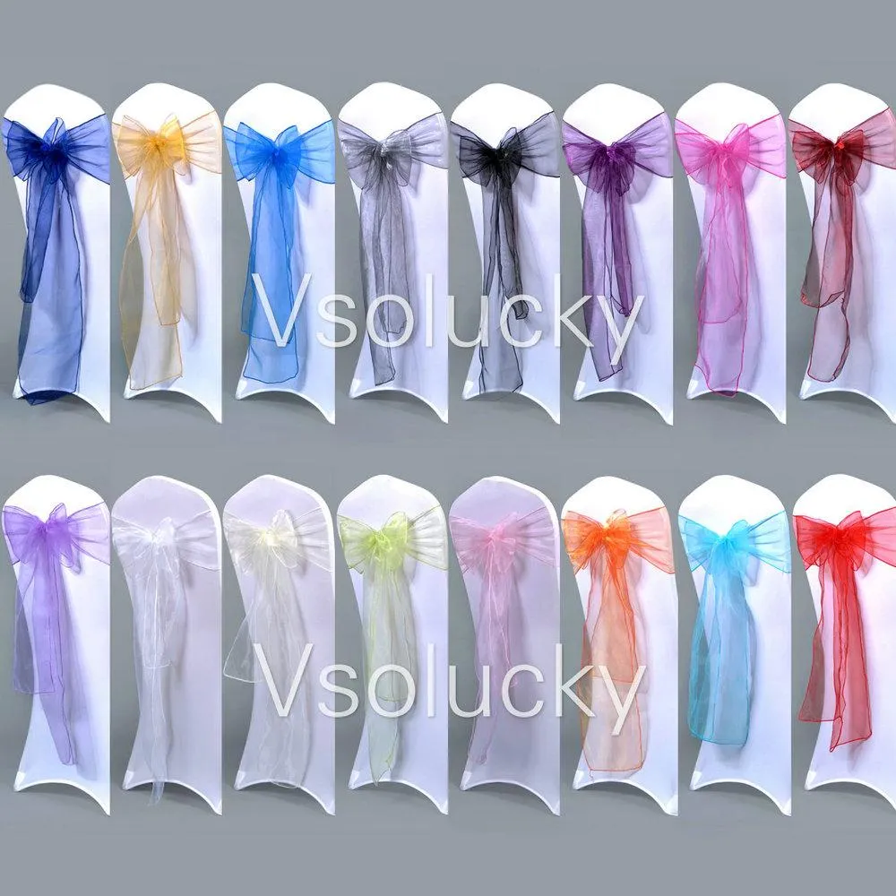 SASHES 25st/Lot Sheer Organza Stol Sashes Bow Cover Wedding Party Xmas Birthday Dusch Decor Dekoration