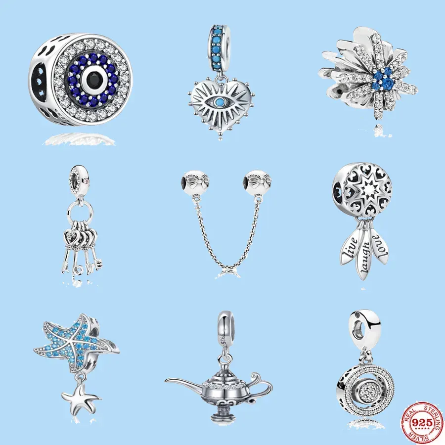 925 STERLING SLATER FECHERS PARA PANDORA JOENS MIÇAS Dangle New Blue Snowflake Starfish Tule de segurança