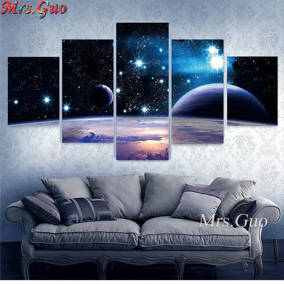 Stitch 5 Panel Planet Universe Space Pictures Diamond Painting Starry Sky Diamond Mosaic Earth Moon Picture for Living Room Home Decor