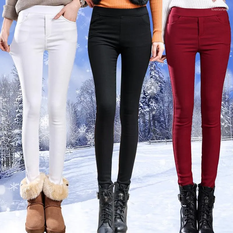 Kvinnor Pants Women's Winter Plus Size Fleece förtjockade byxor Leggings Elasticitet Håll varma tätt Hög midja Pencil Korean Fashion Za