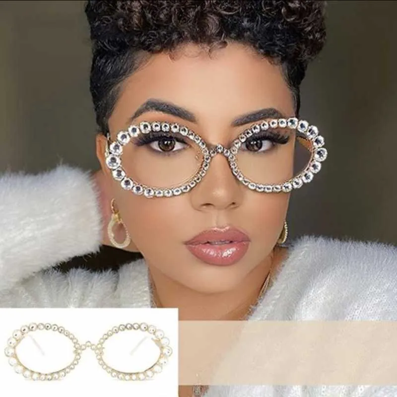 Solglasögon Kvinnor Rhinestone Transparenta glasögon 90 -tal Retro runda klara len män som glimtar metall oval kristallögonögonunglassessunglasses