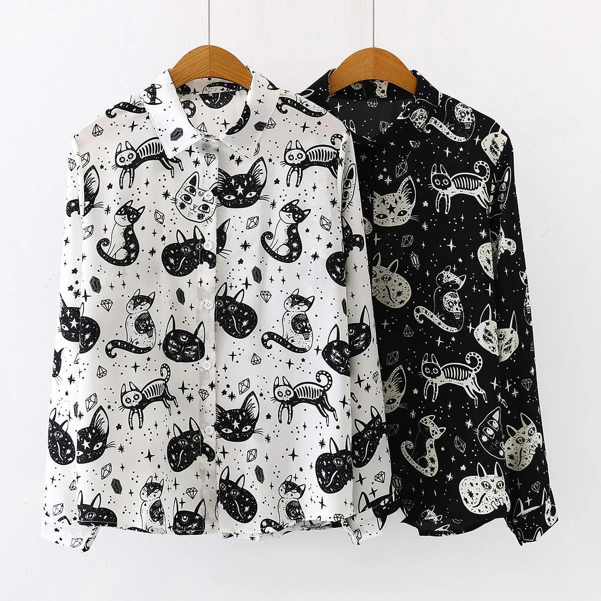 Skjortor Autumn Spring Women Shirts Black White Cartoon Cat Print Blues Fashion Slim Long Sleeve Chiffon Shirt Kvinnliga toppar Blusas Mujer