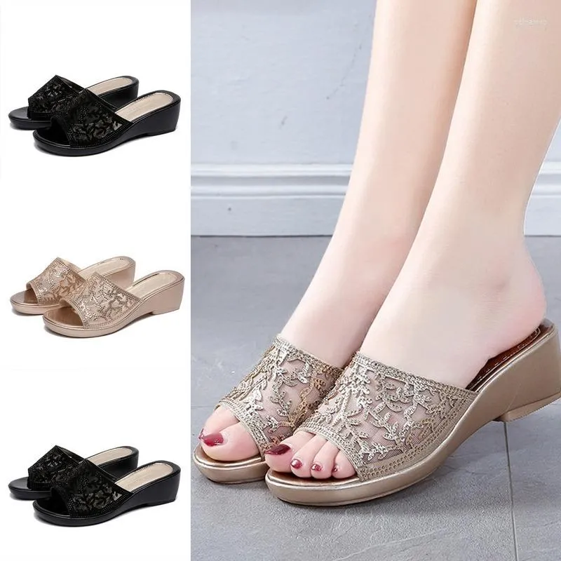 Pantoufles Comemore Été Femmes Confortable Respirant Wedge Mesh Strass Chaussures Pour Femmes Personnes Âgées Zapatos De Mujer