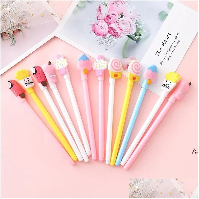 Gel Pens Neutral Pen Cute Cartoon Stationery School Students Personality Girl Heart Food With Interesting Test Signature 0.5Mm Black Dhain