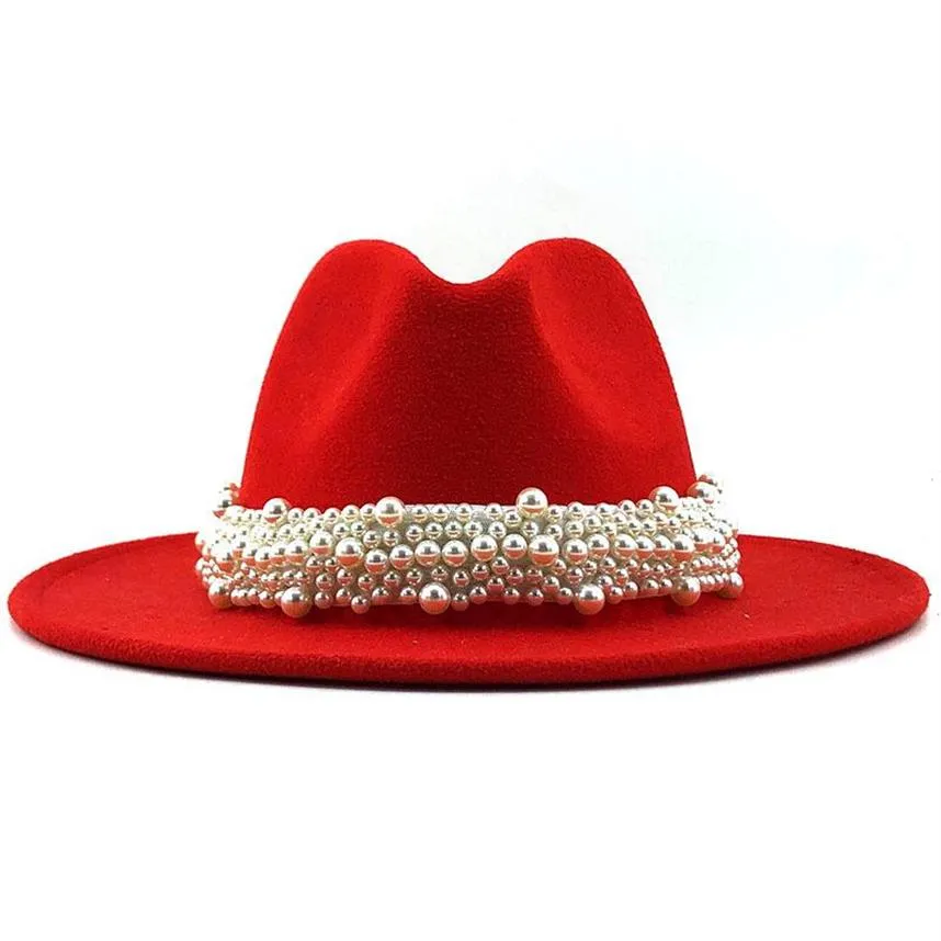 Chapéus de fedora de jazz de lã feminina casual fita perelada chapéu de feltro branco rosa Panamá amarelo TRILBY FORME FEAL Cap 58-61cm249c