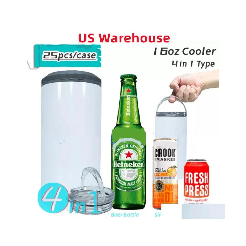 Tumblers Us Warehouse 16Oz Sublimation Cooler 4 In 1 Double Wall Stainless Steel Vacuum Insated Coolers With Two Lids Diy Blank Beer Otnjl