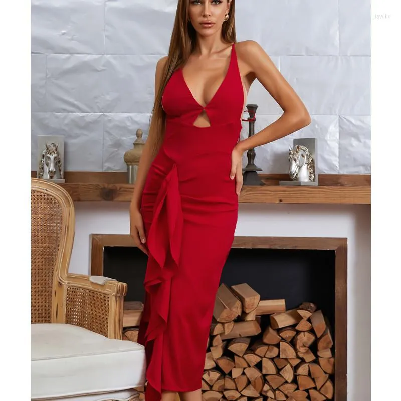 Casual Dresses Superior Quality Sexig Long Style Slim Fold Edge Bodycon Bandage Dress Elegant V Camisole Rayon Club Celebrity Party