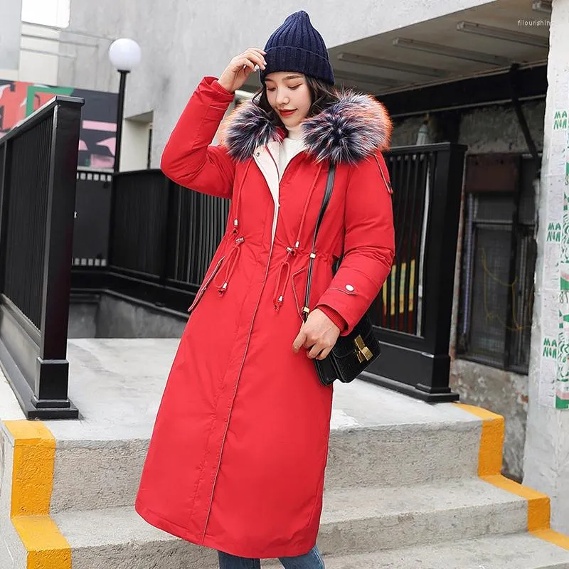 Damen Trenchcoats Plus Size Frauen Winter Lange Jacke Wolle Liner Koreanischen Stil Dünne Weibliche Kalten Mantel Feste Kapuze mit Pelzkragen