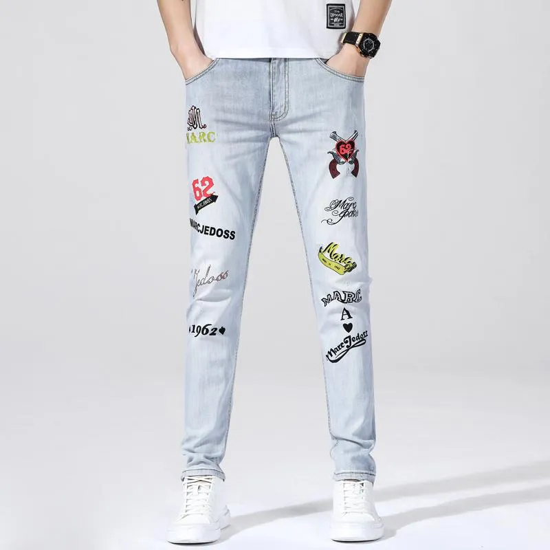 Hommes Jeans Hommes Slim 2023 Stretch Déchiré Broderie Imprimé Casual Denim Pantalon Streetwear Hommes Pantalon Bleu Noir Blanc