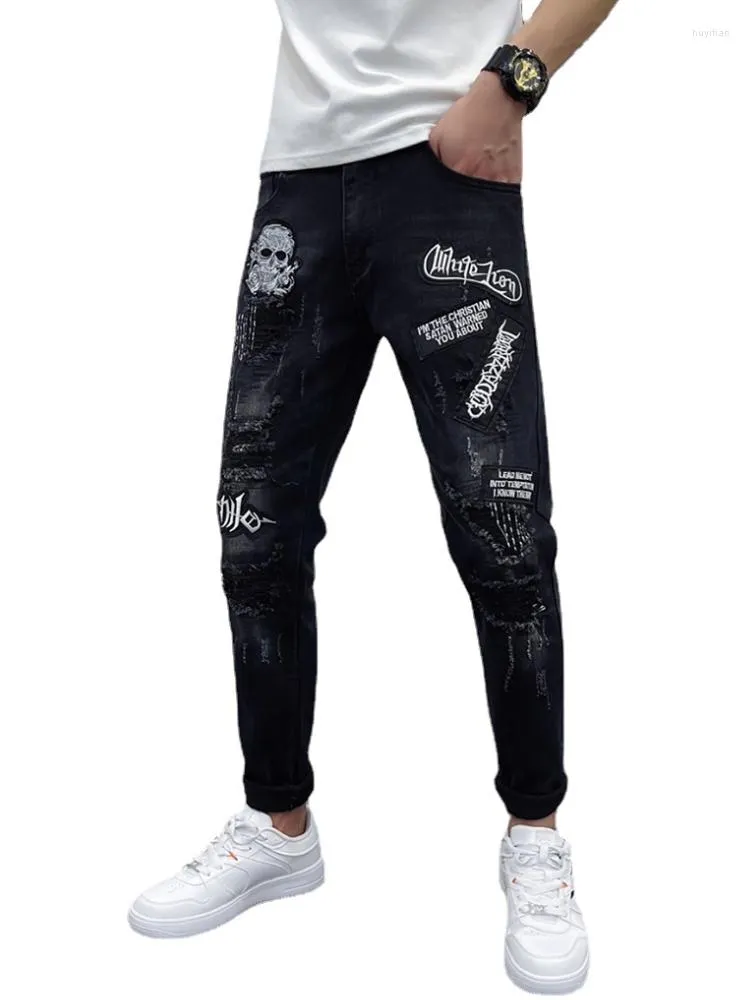 Męskie dżinsowe haft czaszki rozryte dziury dżinsowe spodnie męskie motocyklowy motocykl streetwear szczupły fit y2k punk hip hop Casual Joggers