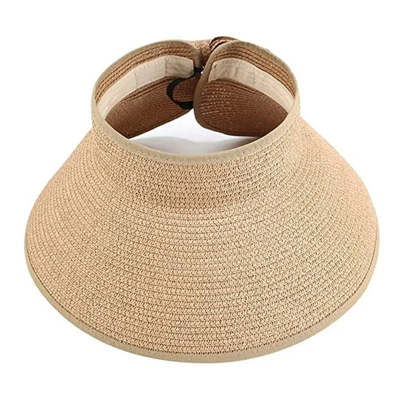 Sombreros de ala ancha con lazo grande para mujer, sombrero de paja enrollable, trenza de papel, protección solar, gorra de playa de verano, visera plegable