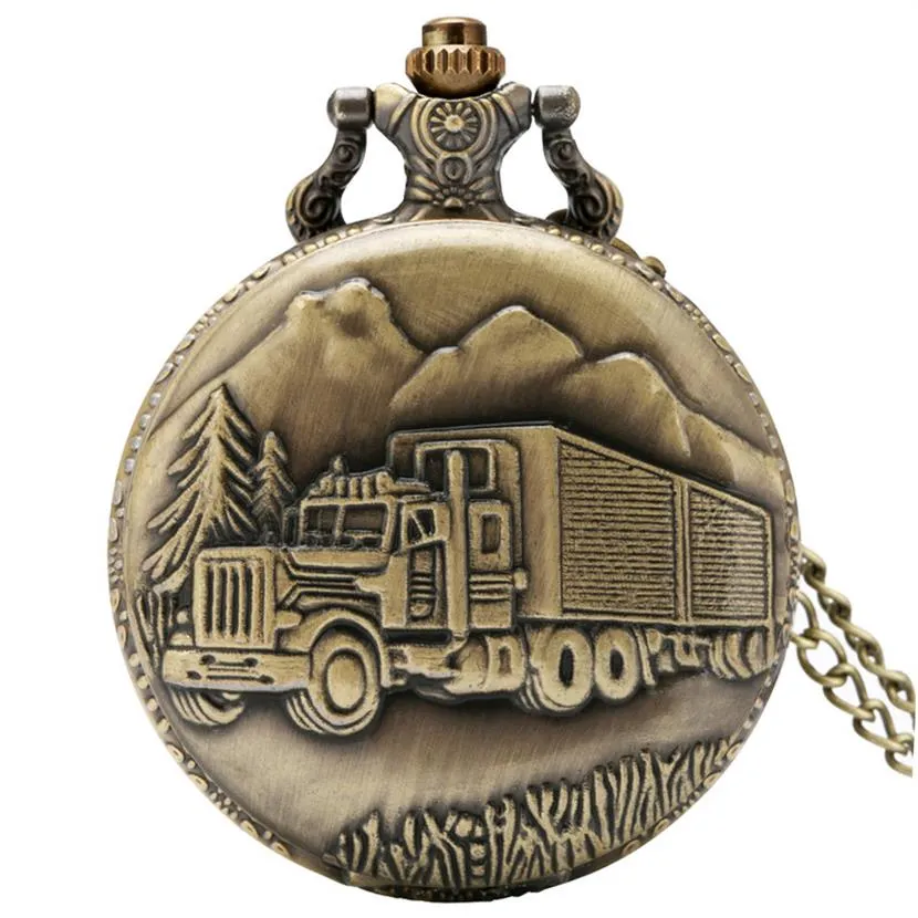 Vintage Bronze Retro Big Truck Forest Tree Pocket Watch Quartz Analog Watches Necklace Chain for Car Driver Men Women Gift195C