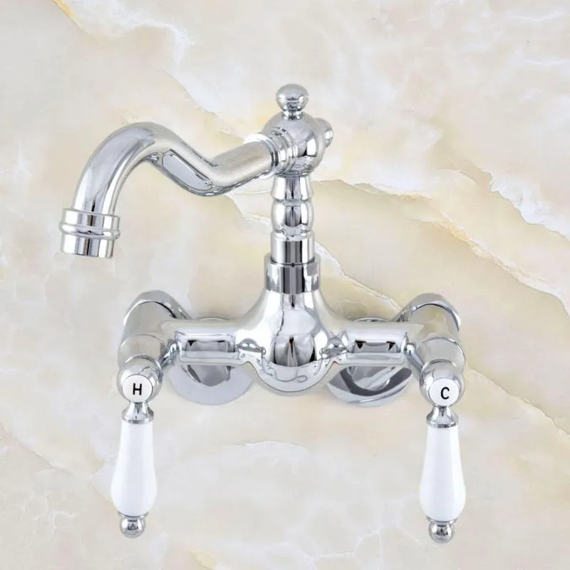 Bathroom Sink Faucets Wall Mounted Chrome Brass Swivel Spout Faucet Dual Ceramic Handles Kitchen Tap Lqg204