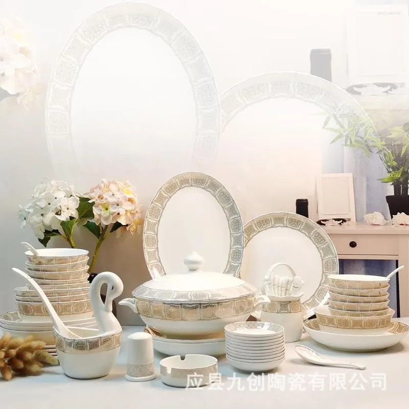 Dinnerware Sets Bone China 52 Head Tableware Set Household Bowl And Plate Company Year Gift