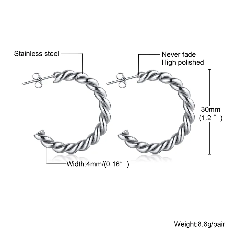 Kvinnors enkla stil Cörhängen Rostfritt stål Twist Rope Wire Hoop örhängen för gåvor 4*30mm N279