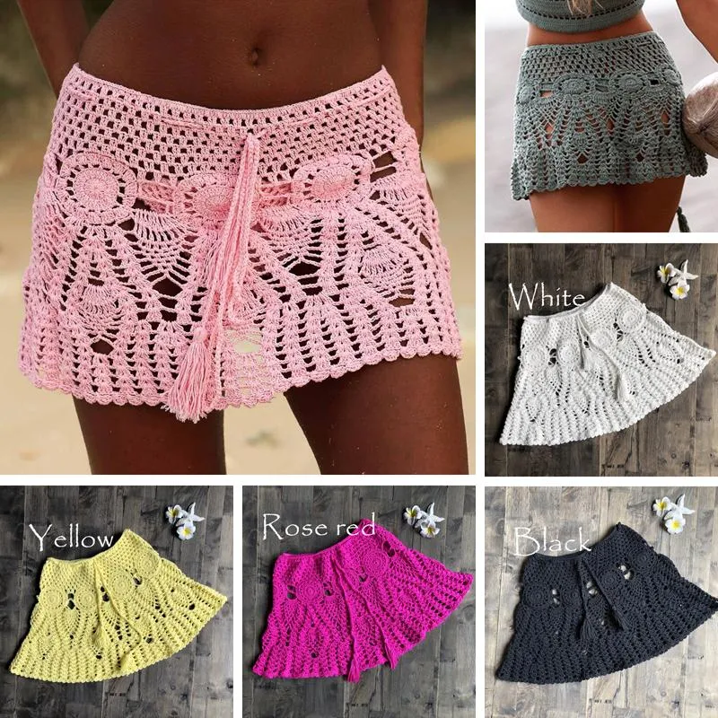 Swimwear New Sexy Crochet Tassel Beach Skirt Cotton Swimsuit Fused Skirt Casual Beach Running Lace See Through Slim Mini Skirts