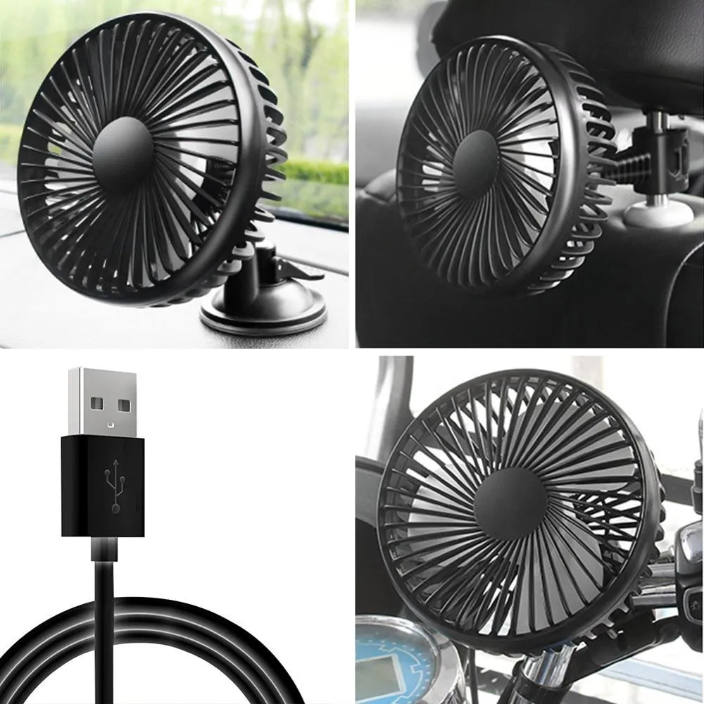 Fans 12V / 24V 360 graden koelventilator Mini-autoventilator ABS Zwart Auto enkele kop ventilator Zuignap Autostoel terug ventilator USB Universele autoventilator