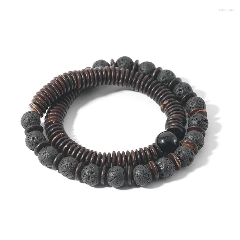 Strand Natürliches Holzarmband Homme Schwarzer Lavastein Perlenarmband Herrenaccessoires Lässiger Schmuck Doppellagiges vulkanisches Braslet