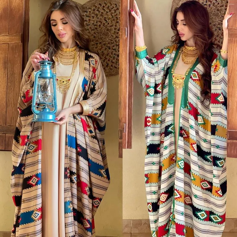 Muslim Women s Striped Batwing Sleeve Maxi Dress with Coat Modest Ethnic Middle East Fashion