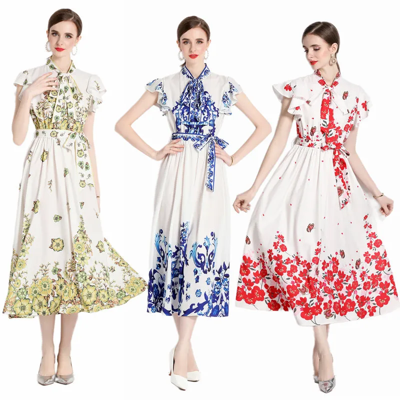 2023 Summer Printed Dress Ruffles Short Sleeve Womens Boutique Dress High-end Temperament Lady Bow Abiti da festa Abiti da festa