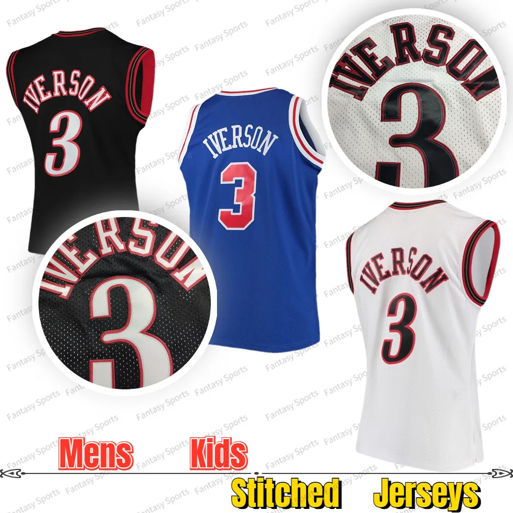 Männer Kinder Basketball 3 Allen Iverson Jersey Blau Rot Weiß Schwarz ALLE GENÄHT Geschenke für Fans Sport Shirts Trikots Jugend Jungen Sommer