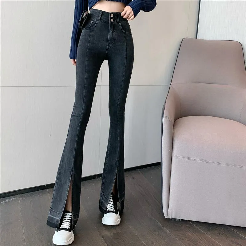 Dames jeans modieuze chique dunne wijd been hoge taille bel-bodem broek