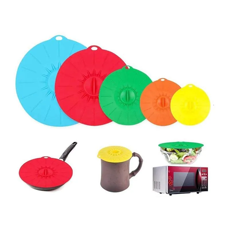 Organization 5 Sizes/lot Kitchen Food Silicone Cover Cap Waterless Airlock Fermentation Lid With Suction Effect Reusable Lids Fresh Cover