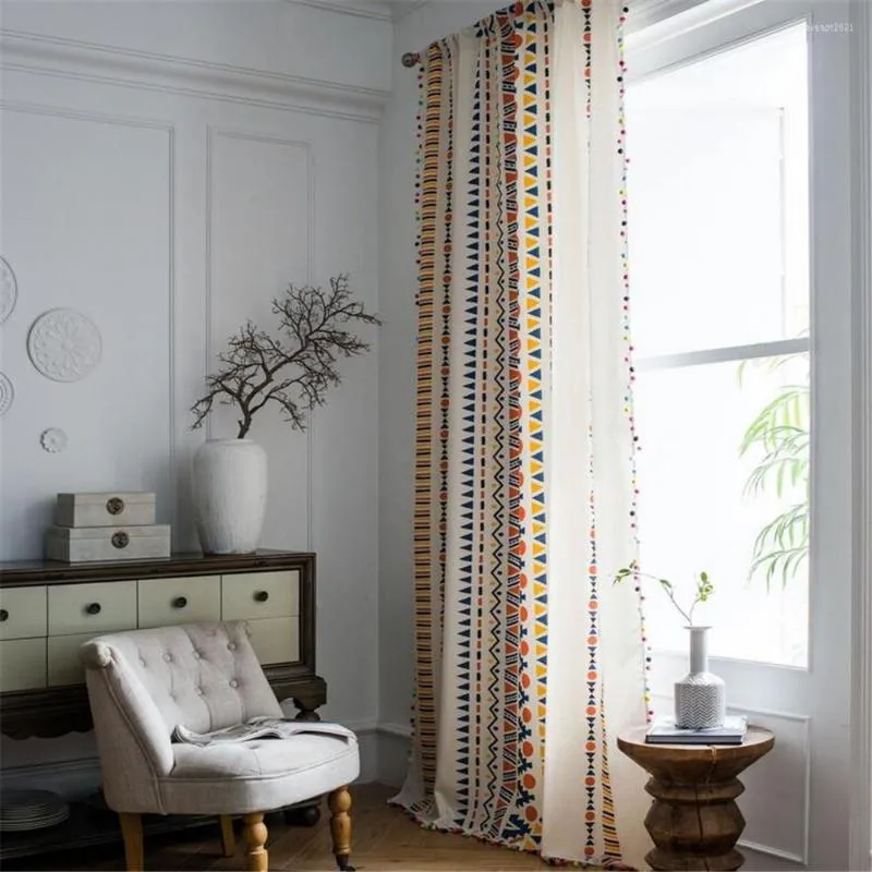 Curtain 1.5M Width Cotton Linen Printed Household Living Room Kitchen Bohemia Tassel Window Half Blackout