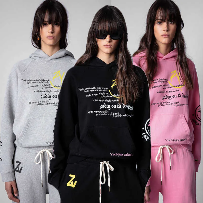 23SS Zadig Voltaire Tasarımcı Sweatshirt Moda Yeni Kadınlar Pullover Jumper Baskılı Gülümseyen Yüz Mektubu Polar Hoodies