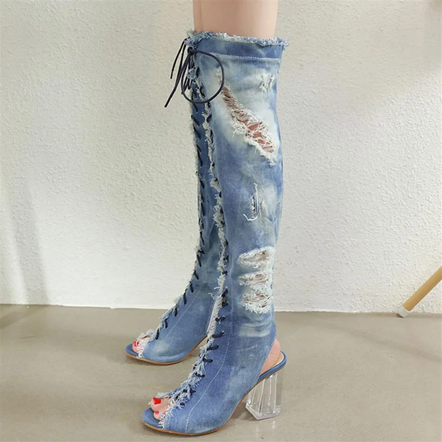 Denim thigh high 2025 boots chunky heel