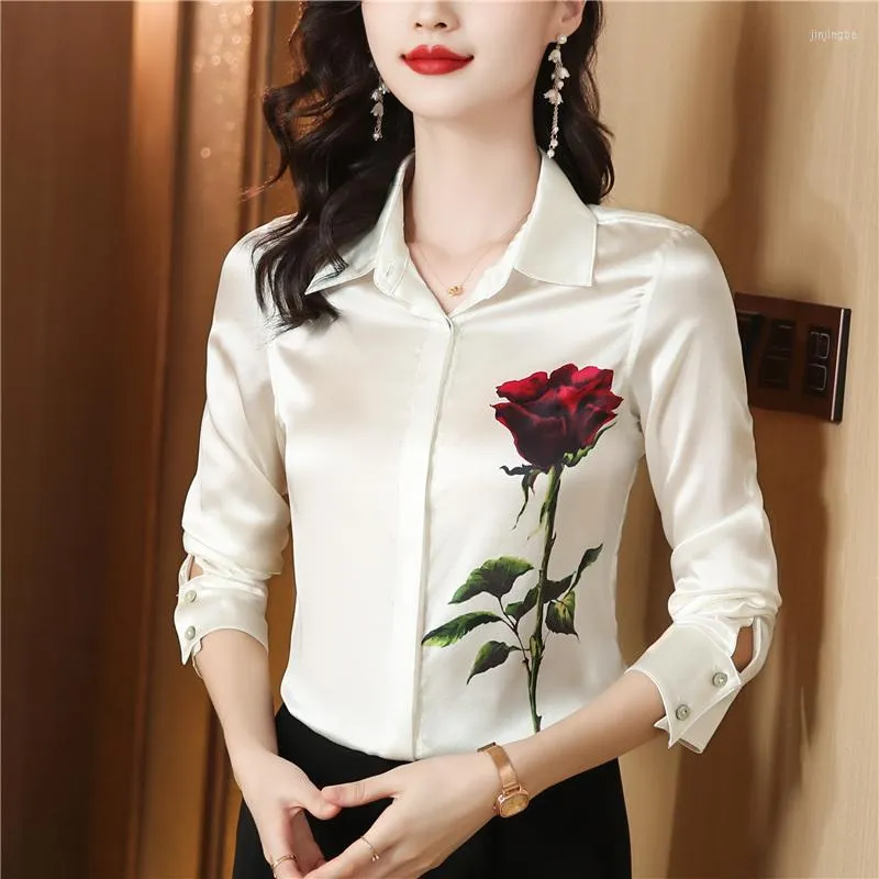 Blouses voor dames elegante satijnen zijden bloem lange mouw top vrouwen shirts en witte Koreaanse mode dames vrouwelijke kleding blusas para mujer