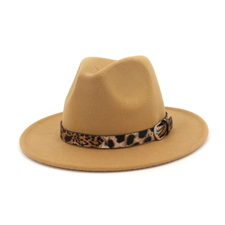 Unisex płaska wełna filc szeroką brzeg Jazz Fedora Hat for Men Women Leopard Grain Dekorowane zwykłe filcowe wełniane wulkan HATS256X