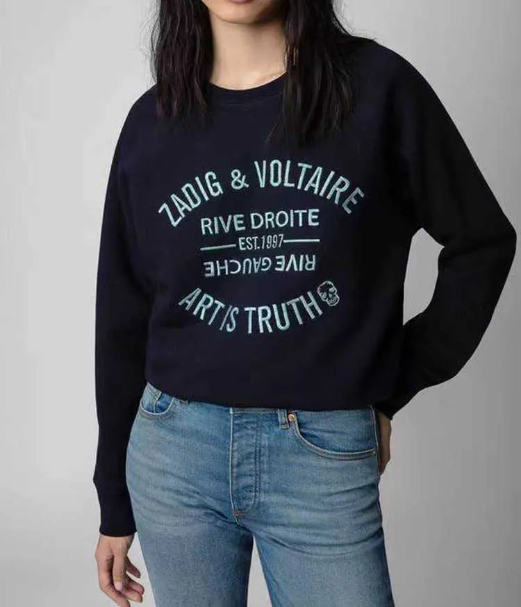 Zadig et Voltaire 23SSデザイナースウェットシャツファッション新しいクラシックレター刺繍ピンクコットン女性刺繍プルオーバージャンパーセーター169