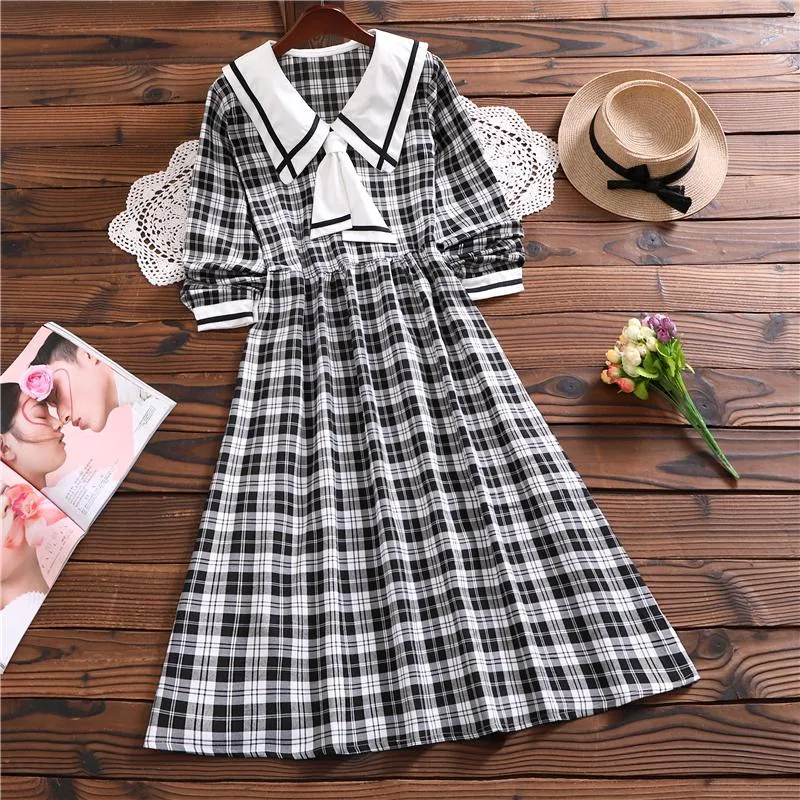 Casual Dresses Japanese Mori Girl Autumn Spring Plaid Dress Women Long Sleeve Sailor Collar Bow Sashes Vintage Preppy Style Elegant